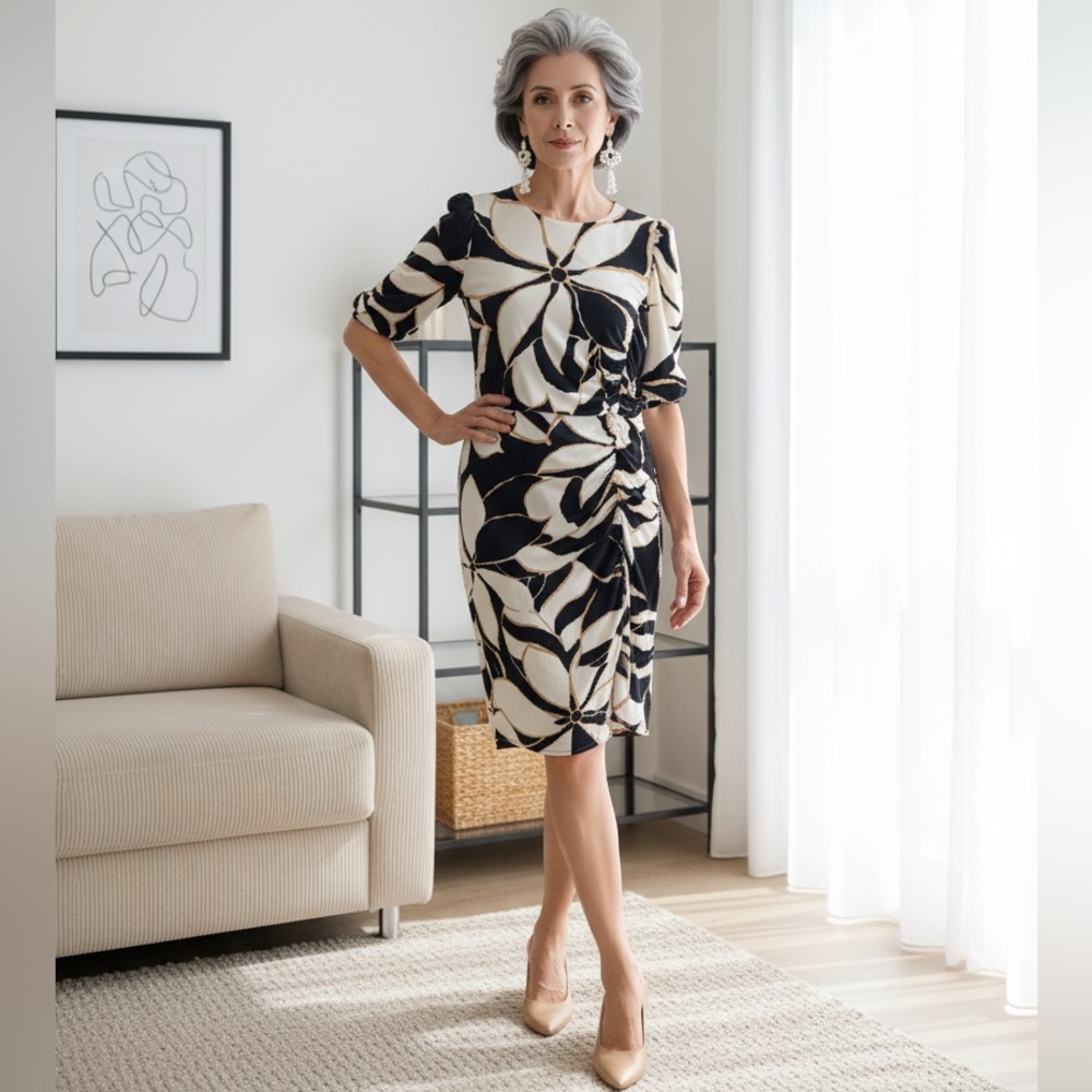London Times Black and Cream Leaf Print Dress
